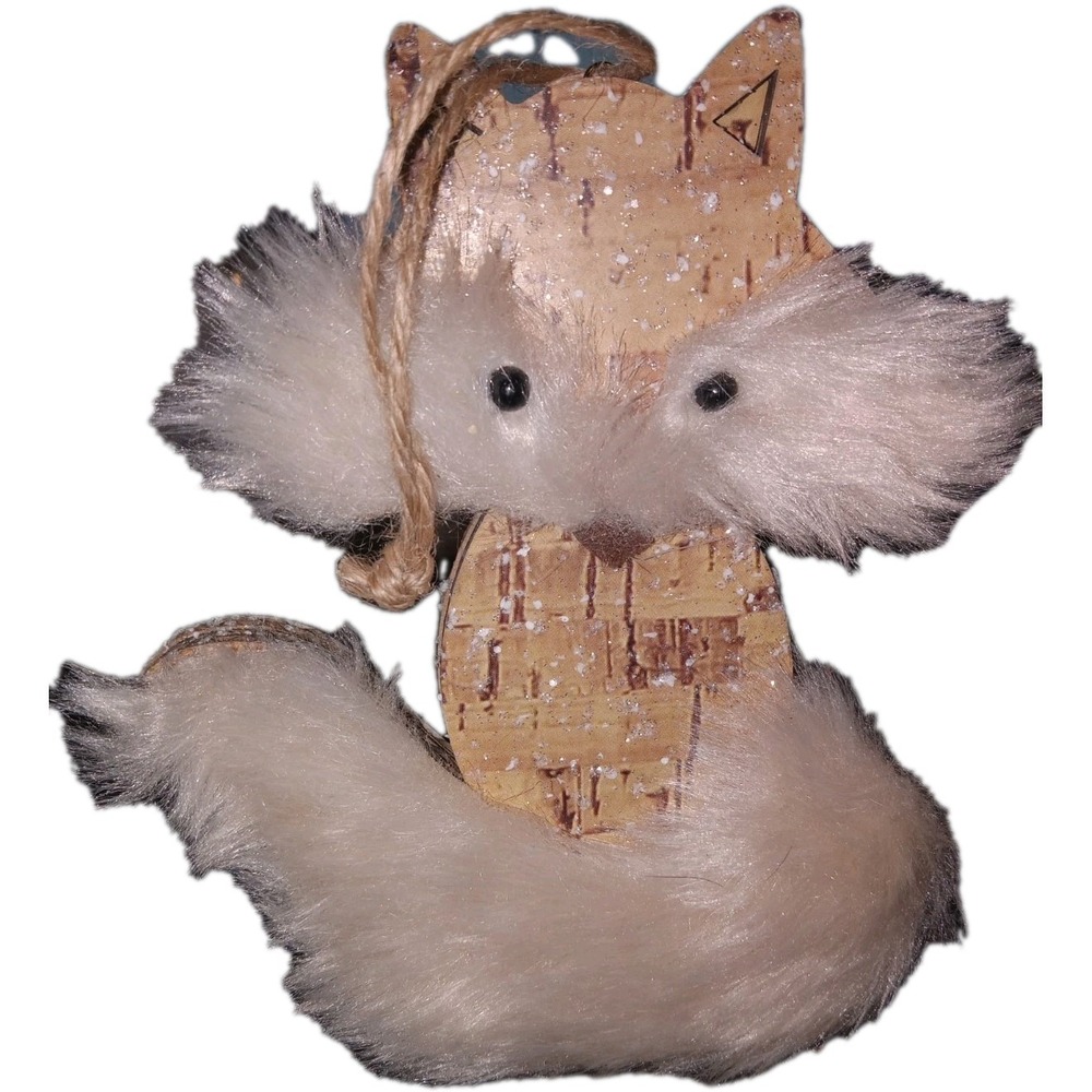 NEW Fox Hanging Christmas Ornament Glitter Fur‎ Woodland Cabin Rustic Snow